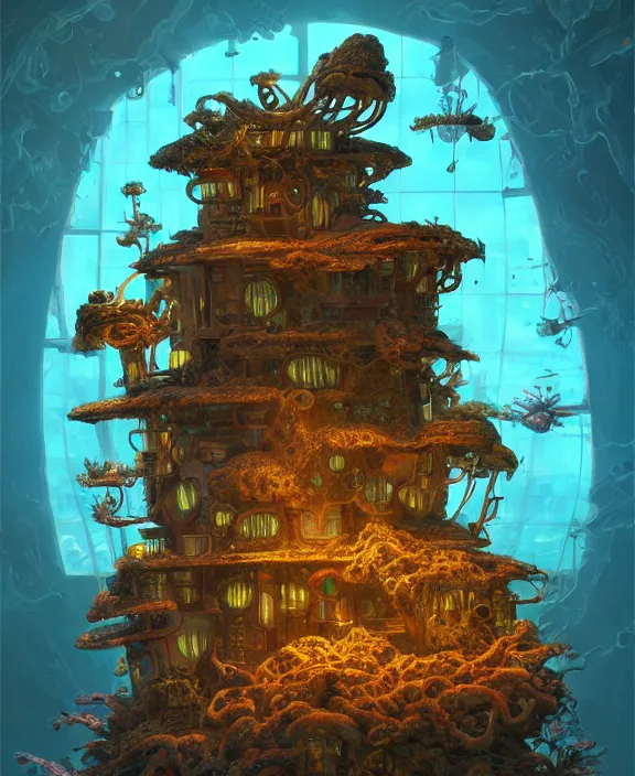 Image similar to an elegant dollhouse made out of exotic fungus, overgrown with shiny blobs, spaceship, sci - fi, robots, sleek, partly cloudy, hell, fire, brimstone, lava, by dan mumford, yusuke murata, makoto shinkai, ross tran, cinematic, unreal engine, cel shaded, featured on artstation, pixiv