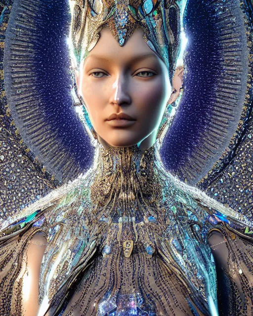 Image similar to a highly detailed metahuman 4 k close up render of an alien goddess bella hadid monument in iris van herpen armor schiaparelli in diamonds crystals swarovski and jewelry iridescent in style of alphonse mucha gustav klimt trending on artstation made in unreal engine 4