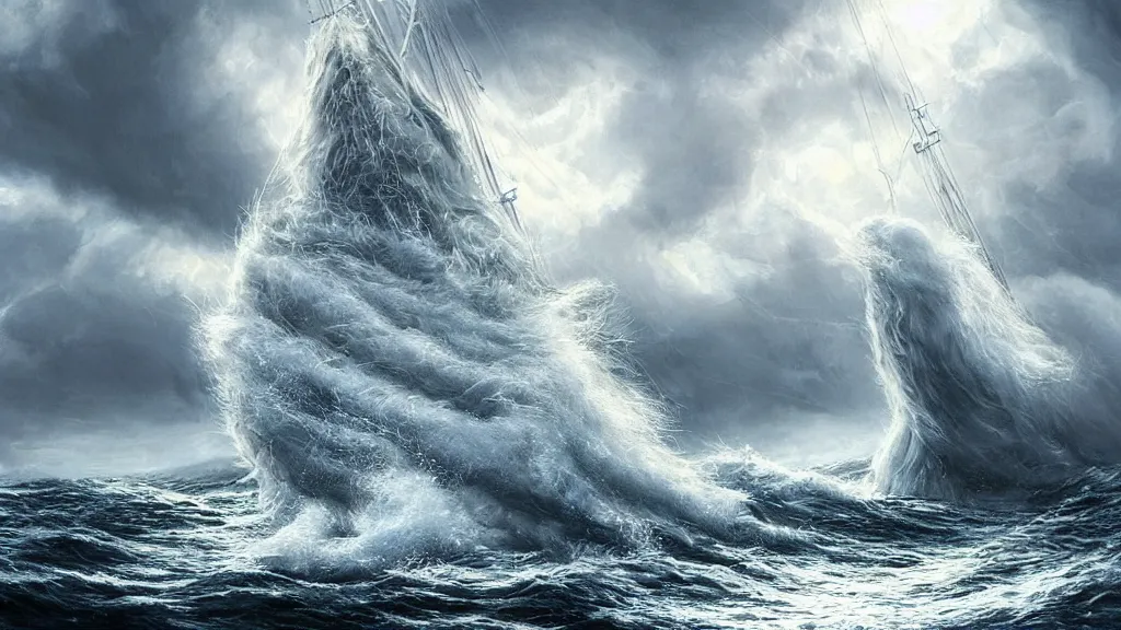 Prompt: a gigantic cat bursting out of a stormy sea attacking a small sail boat, wet fur, giant waves, sunbeams in background, intricate, detailed, volumetric lighting, sharp focus, scenery, photorealism, digital painting, highly detailed, concept art, by by aleski briclot and alexander'hollllow'fedosav and laura zalenga