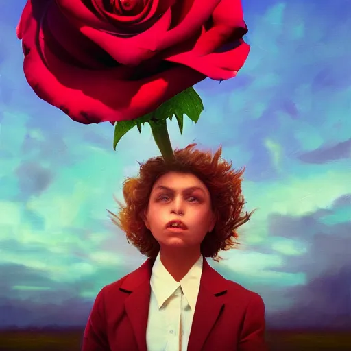 Prompt: closeup, giant rose flower head, portrait, a girl in a suit, surreal photography, sunrise, blue sky, dramatic light, impressionist painting, digital painting, artstation, simon stalenhag