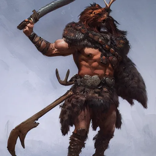 Image similar to barbarian with moose head and wooden leg by greg rutkowski