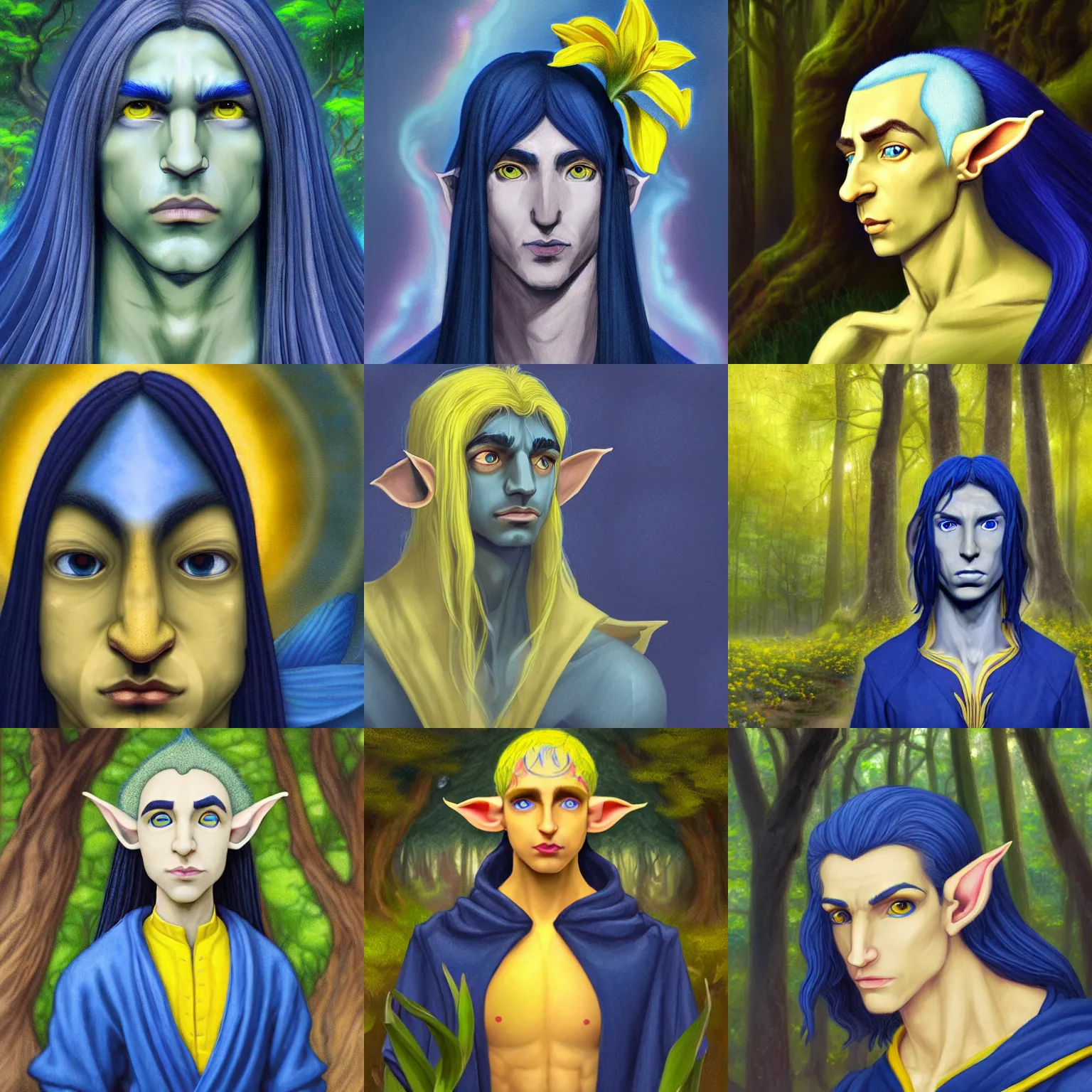 Prompt: A bust of a blue skinned male elf with yellow iris, young noble, scholar, clad in robes, curious, forwards facing, profile shot, centered, fair, fantasy concept art, long straight beautiful hair, dark blue hair, mystical eyes, magical lighting, beautiful, mystical, shimmers, nature, oil painting, forest background