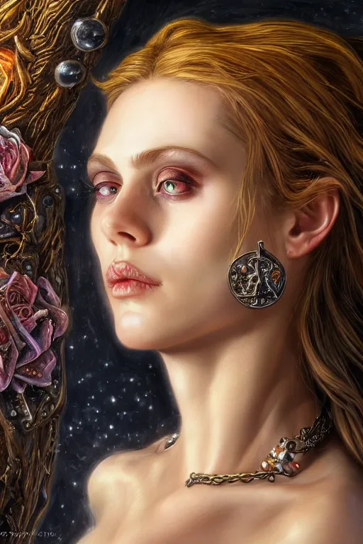 Prompt: high quality extremely detailed closeup portrait of a young gorgeous female necromancer looking away from the camera, detailed eyes, sparkle in eyes, no hands visible, fantasy, d & d, intricate, painting by lucian freud and mark brooks, hd