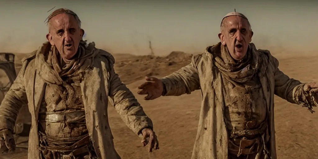 Prompt: still frame of pope francis as the pope of the wastelands in mad max: fury road (2015) 8k UHD award winning
