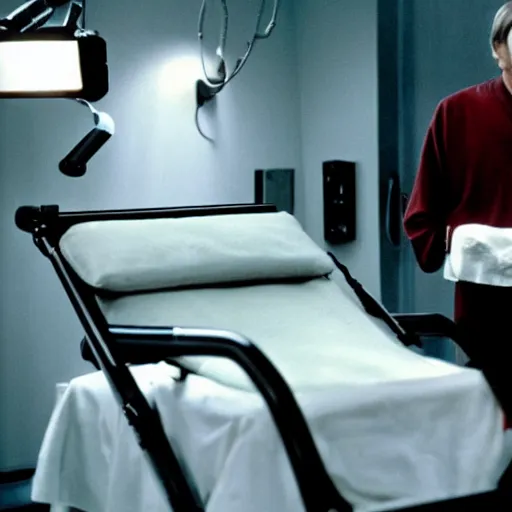 Image similar to a scene from the movie dead ringers with clean shaven jeremy irons, dark cinematic lighting, heavy black and red palette and color contrast, medical equipment, movie directed by wes craven