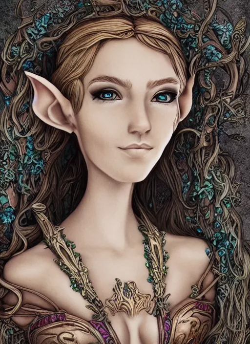 Image similar to portrait of a beautiful female elf, upper body, fantasy, intricate, elegant, highly detailed