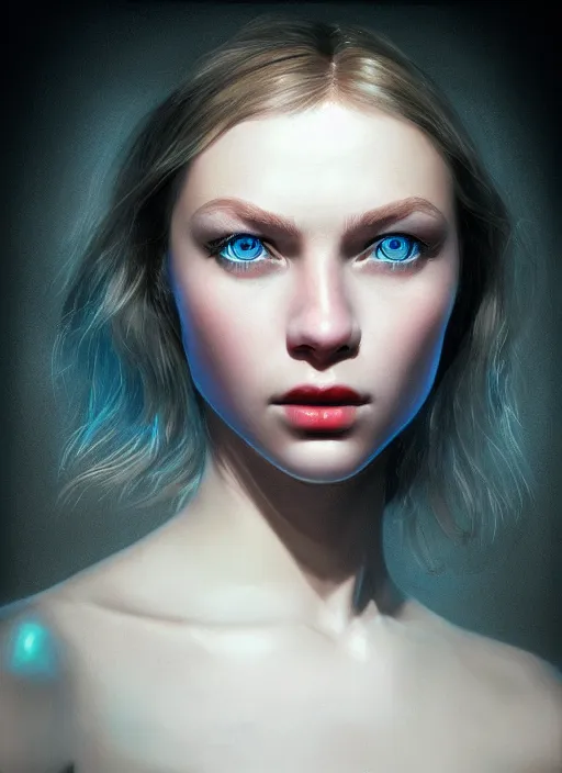 Image similar to portrait of a gorgeous girl, perfect blue eyes, detailed iridescent floral pattern skin, ultra realistic, cinematic lighting, depth of field, artstation, Gottfried Helnwein