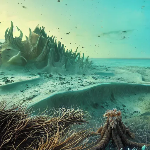 Image similar to stunning cinematic wide shot of a sea of fulgurites surrounding a beautiful slick sea creature, on a beach. fulgurites towering over the creature, well designed perfect with slick led eyes, wearing kelp, sharp claws, hd octane render, fantasy, furry art, artstation, deviantart, furaffinity