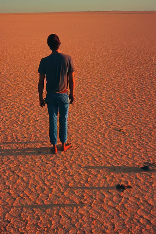 Prompt: kodak ultramax 4 0 0 photograph of a skinny guy standing in an barren desert, back view, pink shirt, grain, faded effect,