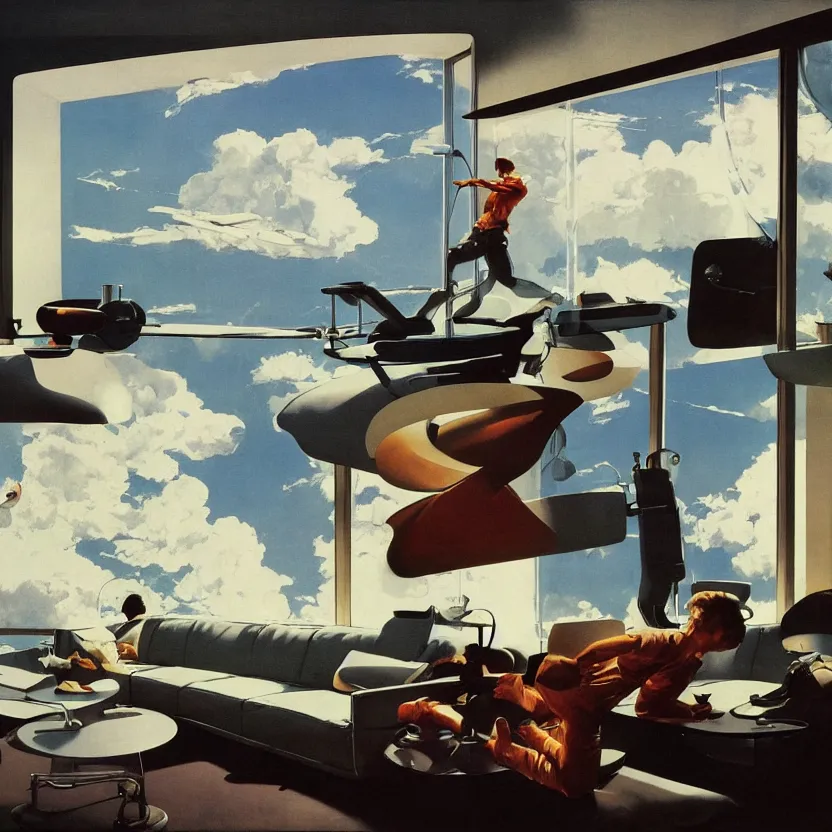 Prompt: a futuristic minimalist lounge room with a big window, wide open meadow. billowing clouds in the sky. highly detailed science fiction painting by norman rockwell, frank frazetta, and syd mead. rich colors, high contrast, gloomy atmosphere. trending on artstation.