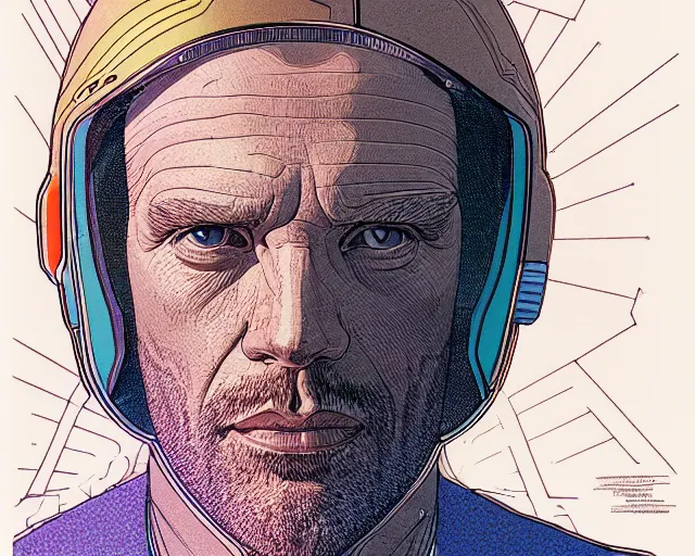 Prompt: portrait of the dude from in a futuristic cockpit risograph artwork by moebius and alex ross intricately detailed trending on artstation