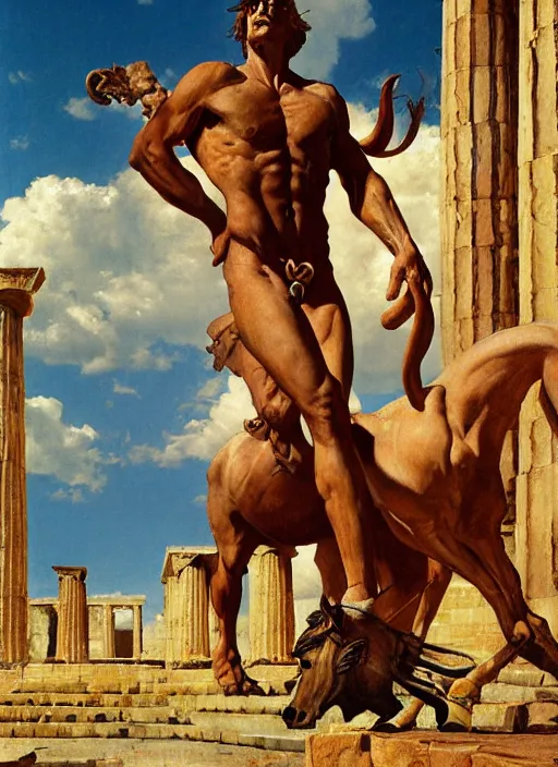 Image similar to full body portrait of a centaur beside greek temple, by boris vallejo and lawrence alma-tadema and simon bisley and greg manchess and zdzislaw beksinski and norman rockwell