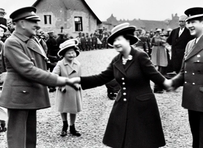 Prompt: ultra wide 1 9 4 6 blurry historical far away photo a single german general shaking hands with a young queen elizabeth in a french village, her corgis are nearby highly detailed, sharp focus