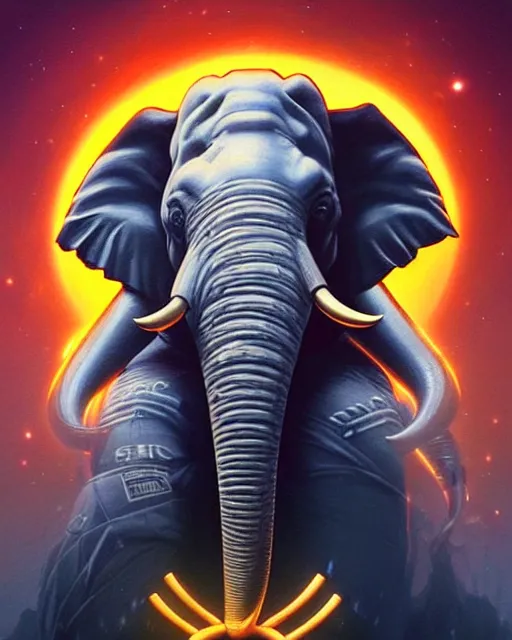 Prompt: a new logo for stillz music featuring an elephant with headphoes djing synthwave afrofuturism, dubstep character, detailed, intricate, hyperrealism, intense, scary, fierce, art by artgerm and greg rutkowski and rhads and anato finnstark