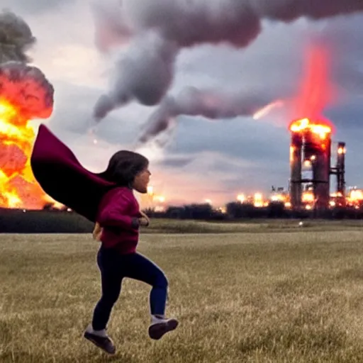 Image similar to epic photo of greta thunberg flying as superman destroying oil refinery explosions and black smoke. cinematic realistic photographic epic lighting