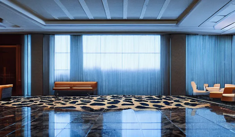 Image similar to a beautiful, sharp focus, clean lines. the interior of a vast 1 9 7 0 s luxury hotel lobby. leopard print. vaporwave ombre rendering. outrun style. trending on artstation. recommended for you behance. wes anderson colors. by chris moore. by edward hopper. ambient occlusion. digital matte painting. metropolis filmic. gotham city.