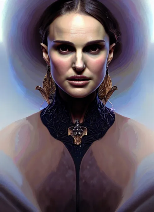 Image similar to portrait of natalie portman, volumetric lights, feast, music notes, art nouveau botanicals, gothic, intricate, highly detailed, digital painting, artstation, concept art, smooth, sharp focus, symmetric face, illustration, steampunk, art by artgerm and greg rutkowski and alphonse mucha