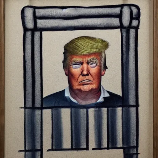 Prompt: donald trump as a prisoner behind bars in prison clothing, sad, dramatic, powerful, painted by leonardo da vinche