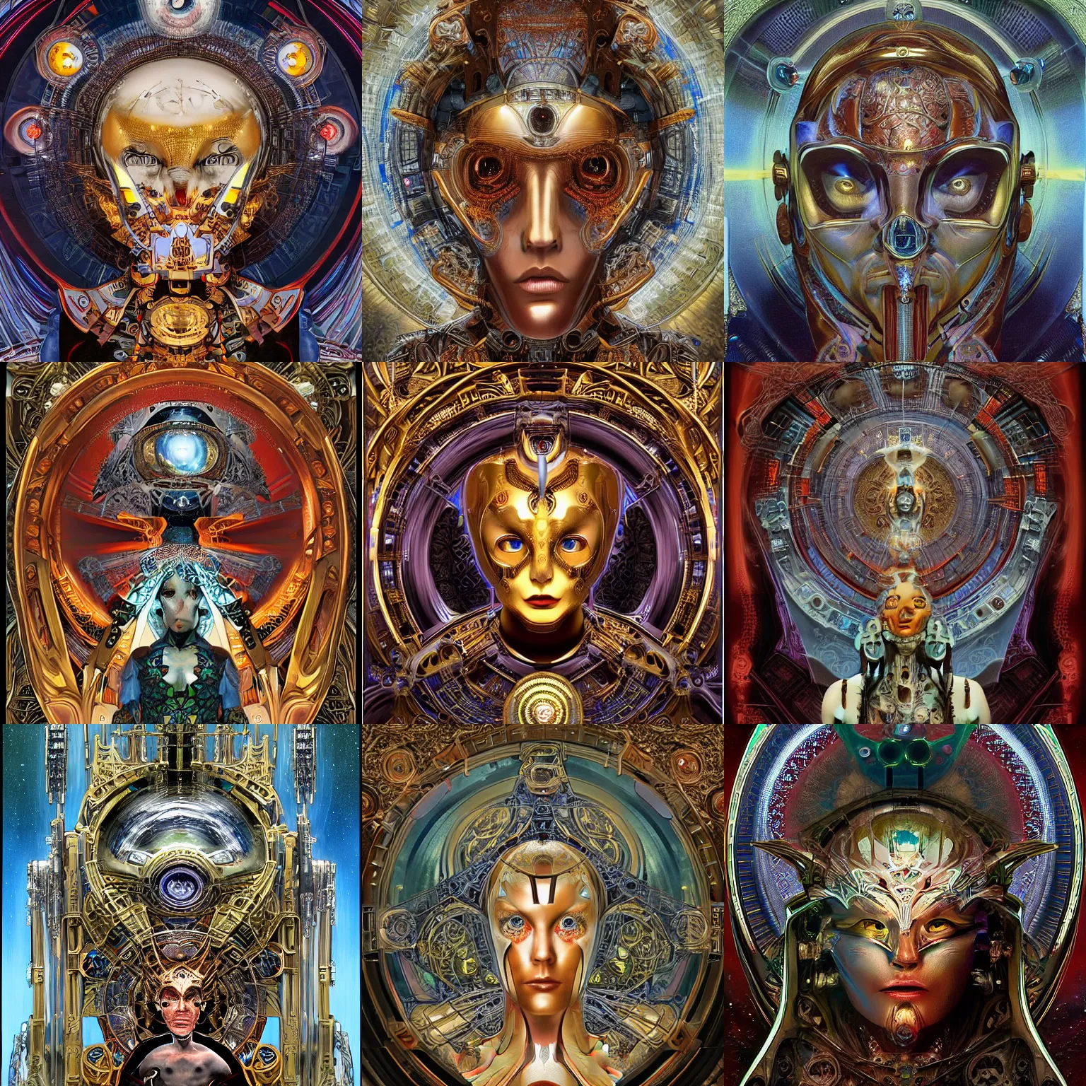 Prompt: portrait of divine robot made with plasteel by Jeff Easley and Peter Elson + beautiful eyes, beautiful face + symmetry face + border and embellishments inspiried by alphonse mucha, fractal machines in the background, galaxy + baroque, neogothic, surreal + highly detailed, intricate complexity, epic composition, magical atmosphere + masterpiece, award winning + trending on artstation