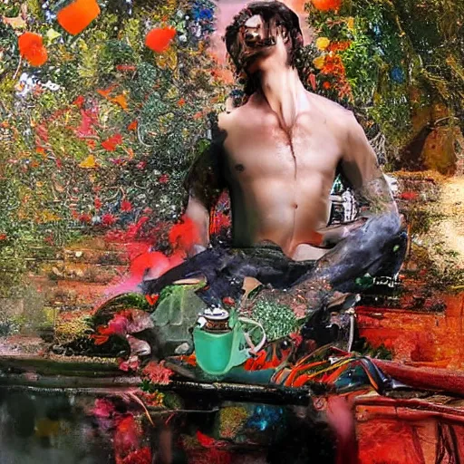 Image similar to terence McKenna posing seductively with psychedelic mushrooms, psychedelic, fractal, cinematic lighting, dramatic, octane render, full body, trending on artstation, perfect facial symmetry, bokeh, 8k, intricate, hyper detailed