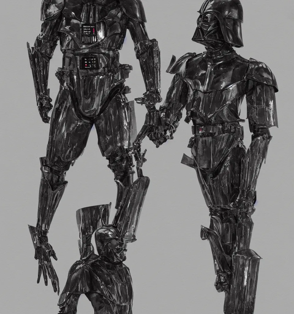 Prompt: concept art of darth vader in skeletal iron armor, inspired by Szukalski and Phil Hale, sculpture by Hedi Xandt, painted by Nicola Samori, highly detailed, Dmitry Parkin, dimly lit in dense fog above lava fields,