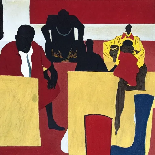 Image similar to homeless millionaire, in expensive clothes and with a cigar, by Jacob Lawrence, clean, detailed, award winning