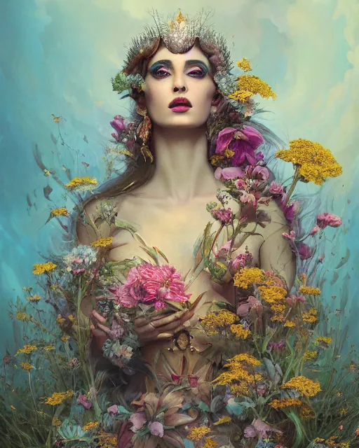 Image similar to portrait of the arabic queen of the underworld, surrounded by flowers by karol bak, james jean, tom bagshaw, rococo, sharp focus, trending on artstation, cinematic lighting, hyper realism, octane render, 8 k, hyper detailed.