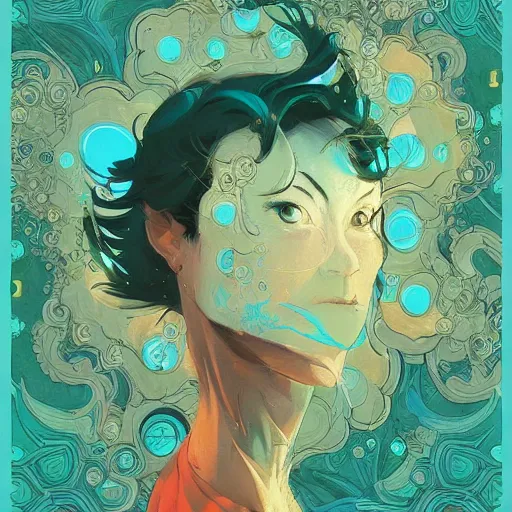 Prompt: mirror world, herbalist, joyful, turquoise. digital illustration by jesper ejsing, artgerm, ross tran, victo ngai, photoshop vector cutout filter, highly detailed