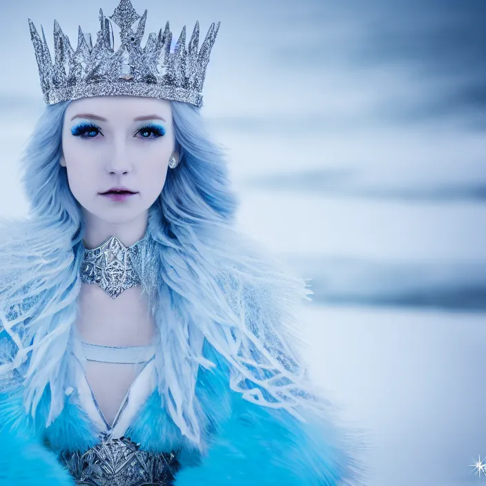 Image similar to professional photograph of a beautiful ice queen with intricate crown and cloak. Extremely detailed. 8k