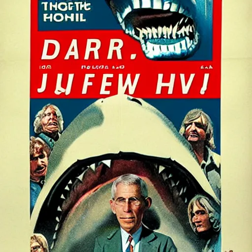 Prompt: doctor fauci on the jaws movie poster 1 9 7 5