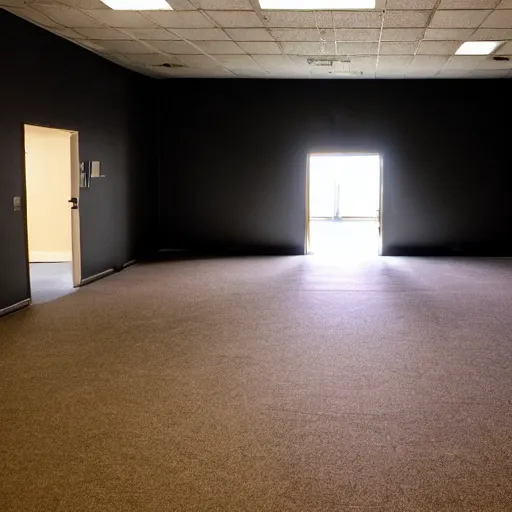 Prompt: a poorly developed photograph of a musty and moldy backroom dimly lit with volumetric lighting. moldy carpet dominates the floor while mysterious black finger paintings cover the walls