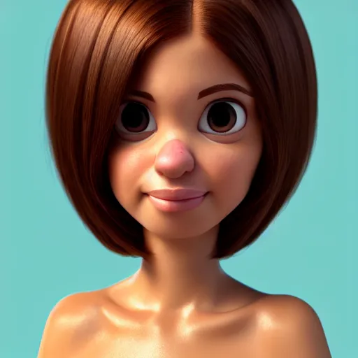 Prompt: A portrait of a woman, a cute 3d cgi toon woman with brown hair in a Bob, brown eyes, full face, olive skin, romanian heritage, medium shot, mid-shot, hyperdetailed, 8k, trending on artstation, as a Pixar character