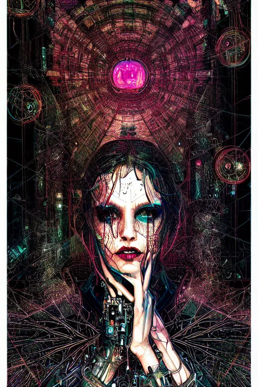 Image similar to dreamy cyberpunk girl, abstract black leather, digital nodes, beautiful woman, detailed acrylic, grunge, intricate complexity, by dan mumford and by harry clarke, peter lindbergh