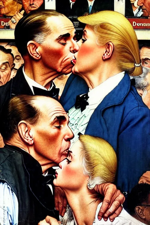 Image similar to romantic couple reunited in a train station, norman rockwell painting of donald trump kissing donald trump