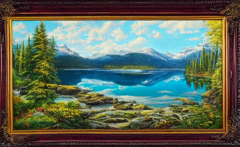 Image similar to beautiful award winning mythical painting of a canadian lake, extreme detail, 4 k, ultra hd