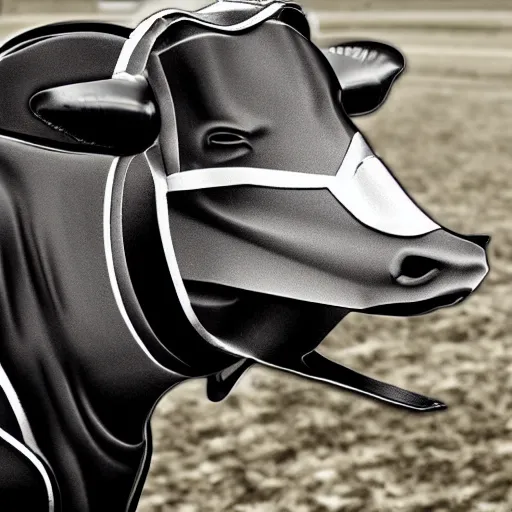 Image similar to a highly detailed ultra realistic photograph of a cow dressed in a fighter jet jumpsuit and mask