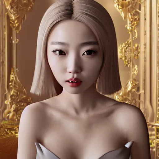 Image similar to portrait of a asian girl with blonde hair, in a fancy mansion, young cute beautiful face, wearing a expensive dress, detailed, 8 k, epic, charming, character, octane rendering, hyper realistic
