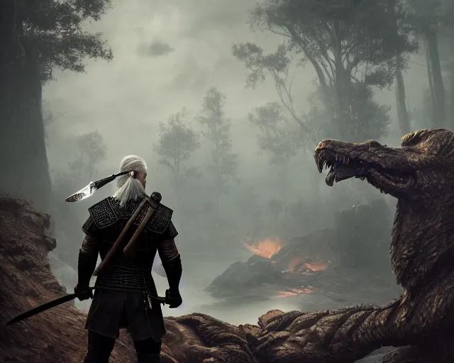 Image similar to 5 5 mm portrait photo of geralt fighting a hydra. magical atmosphere. art by greg rutkowski. highly detailed 8 k. intricate. lifelike. soft light. nikon d 8 5 0.