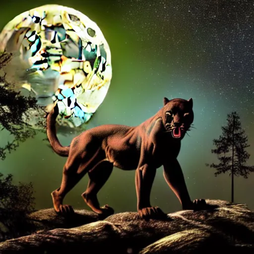 Image similar to a panther roaring at the moon in a forest during the night, large moon in the center. high quality. artistic. illustration. 4 k. cinematic. photoreal. highly detailed. dramatic. dark colors. night.