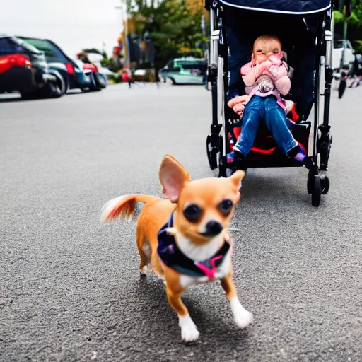 Image similar to a photo of a chihuahua pushing its human in a stroller, 4K UHD, 16mm f/1.4