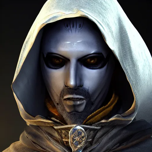 Image similar to a digital art close up portrait of hooded bard with porcelain mask in style of dark souls character, handsome warlock with magic character sheet, 4 k, ultra detail, volumetric lighting, unreal engine, octane render, grimdark