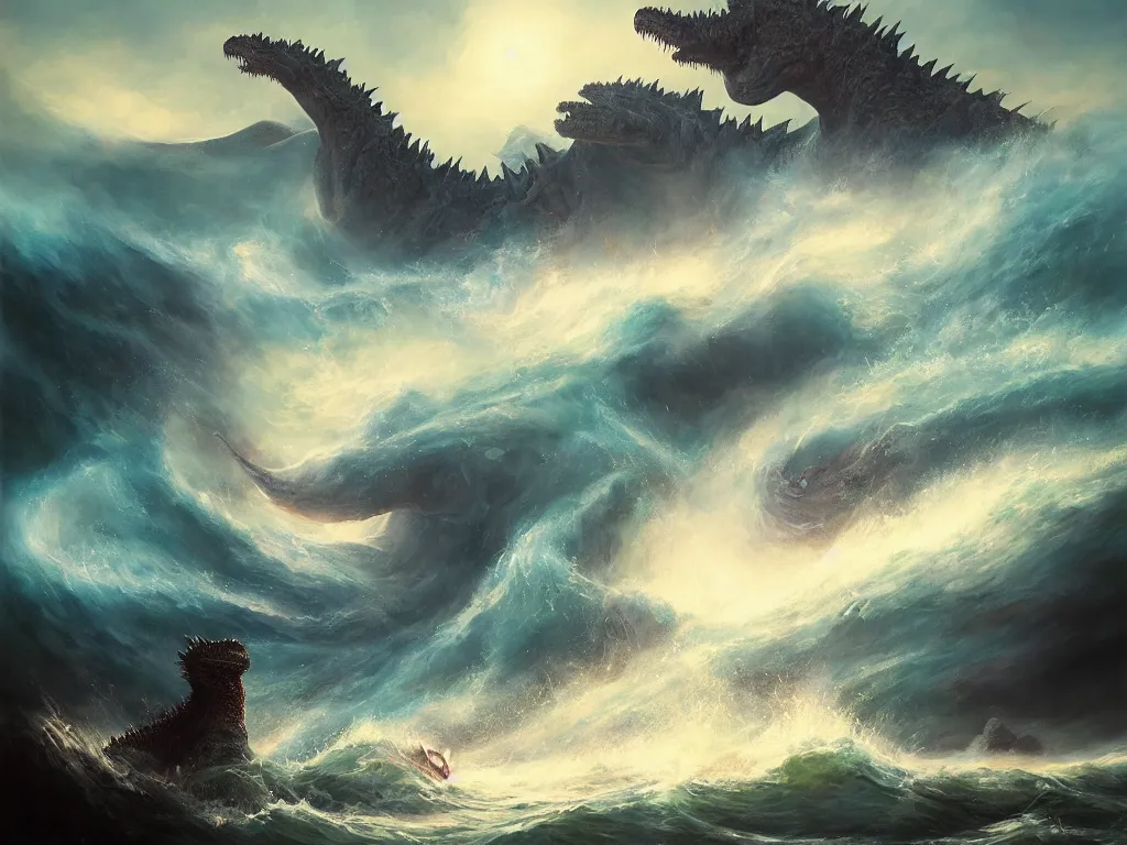 Image similar to oil painting of Godzilla rising from the ocean, epic scene, gigantic monster, peter mohrbacher