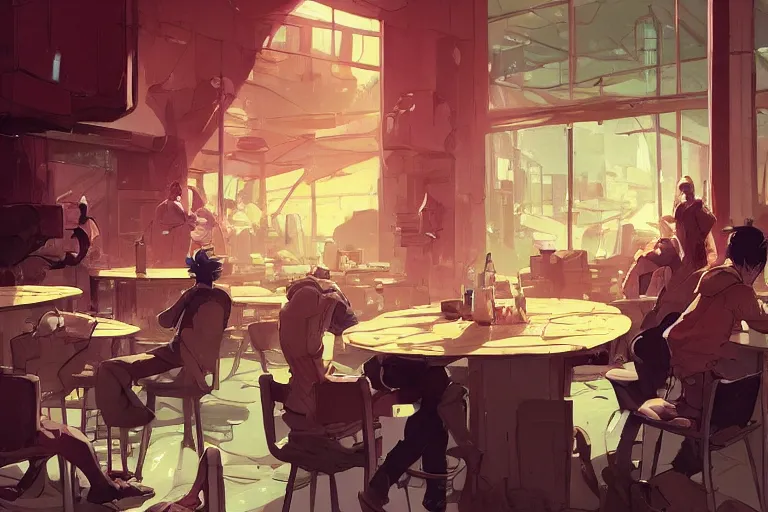 Image similar to a worried person in a crowded busy dystopian cafeteria interior behance hd artstation by jesper ejsing, by rhads, makoto shinkai and lois van baarle, ilya kuvshinov, ossdraws, that looks like it is from borderlands and by feng zhu and loish and laurie greasley, victo ngai, andreas rocha