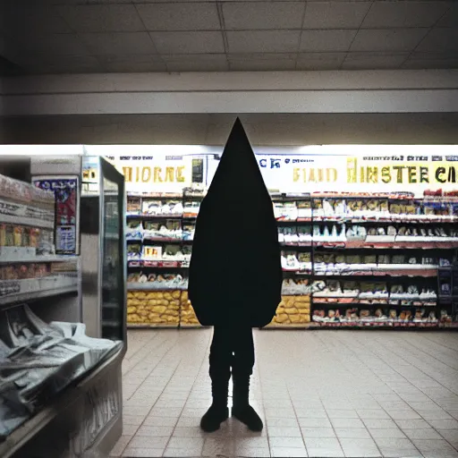 Prompt: Pyramid Head from Silent Hill working at a convenience store, cinematic, gloomy, horror, cinestill 400t film