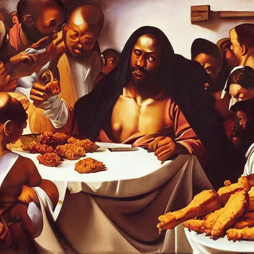 Image similar to black jesus eating fried chicken during the great war, oil painting, sacred art, illustration, caravaggio