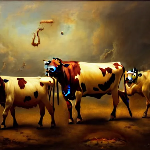 Prompt: incredibly detailed picture of the eternal damnation of cows in hell, oil painting, by Jovana Riikalo, by Roberto Ferri, 8k wallpaper