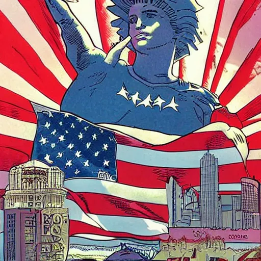 Image similar to learning to love america, by moebius