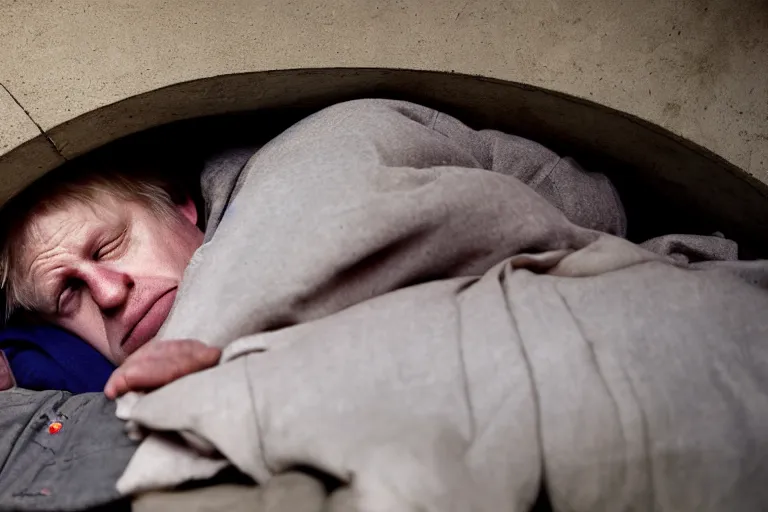 Image similar to closeup portrait of homeless boris johnson sleeping under a london bridge, natural light, sharp, detailed face, magazine, press, photo, steve mccurry, david lazar, canon, nikon, focus