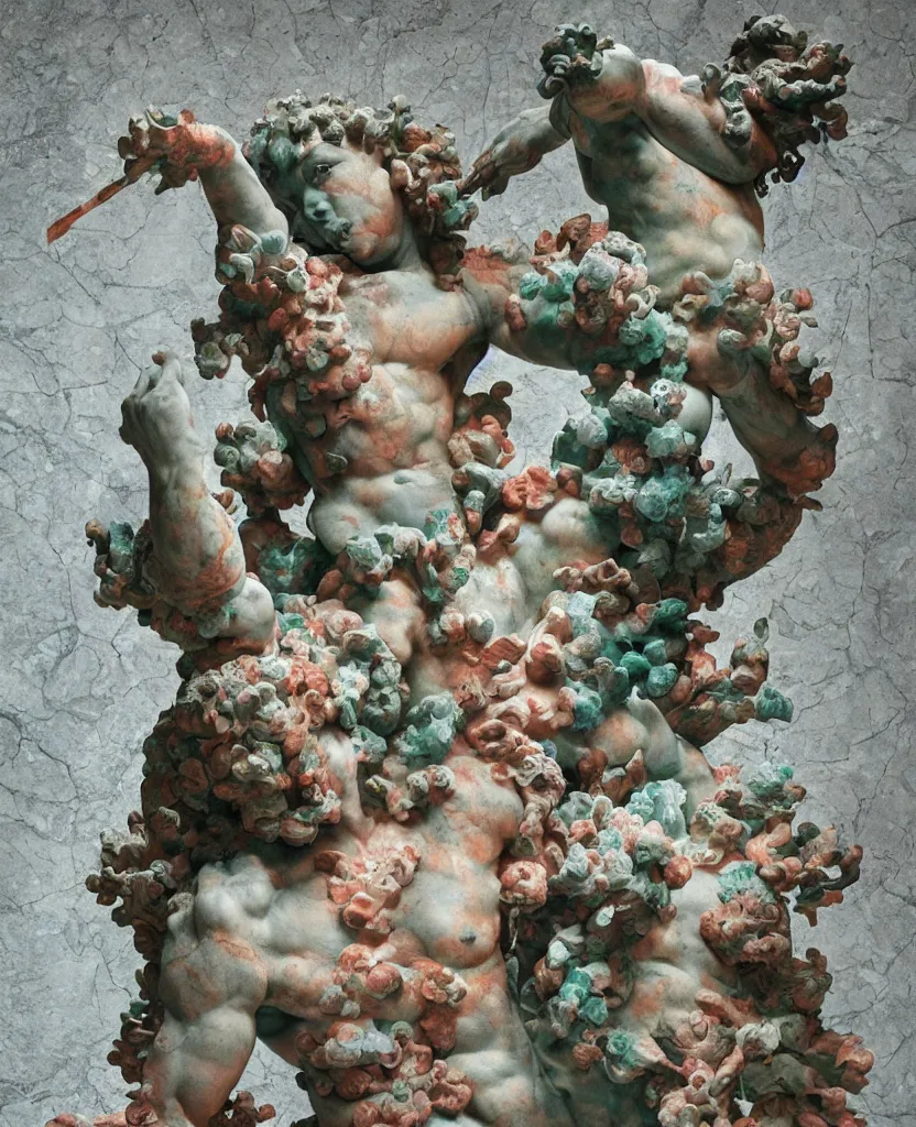 Prompt: beautiful epic intricate colourful marble warrior corals sculpture by michelangelo buonarroti and by gian lorenzo bernini, colour paint splashes, covered in moss