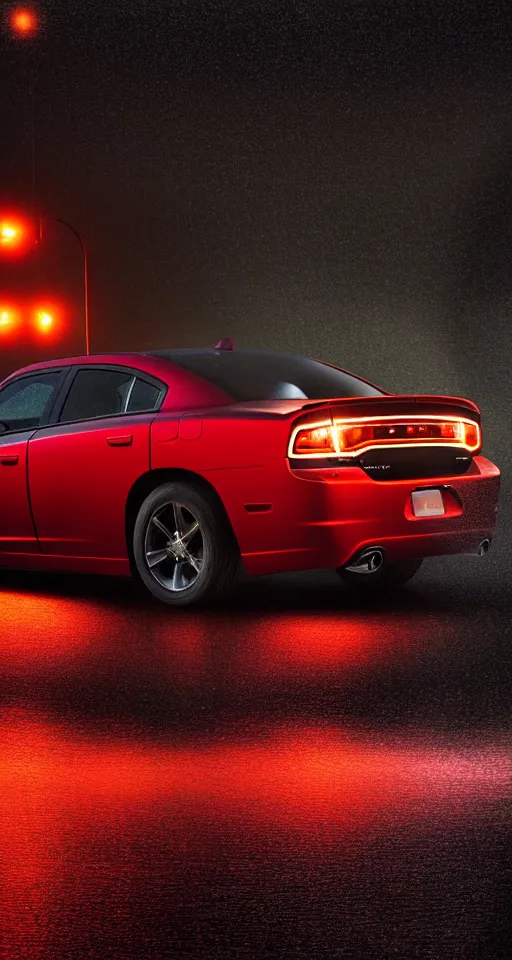 Image similar to far away photograph of the back lights of a 2 0 1 1 dodge charger driving down a highway in the rain, dark, gothic, lovecraftian, hyperrealistic, 4 k, highly detailed,